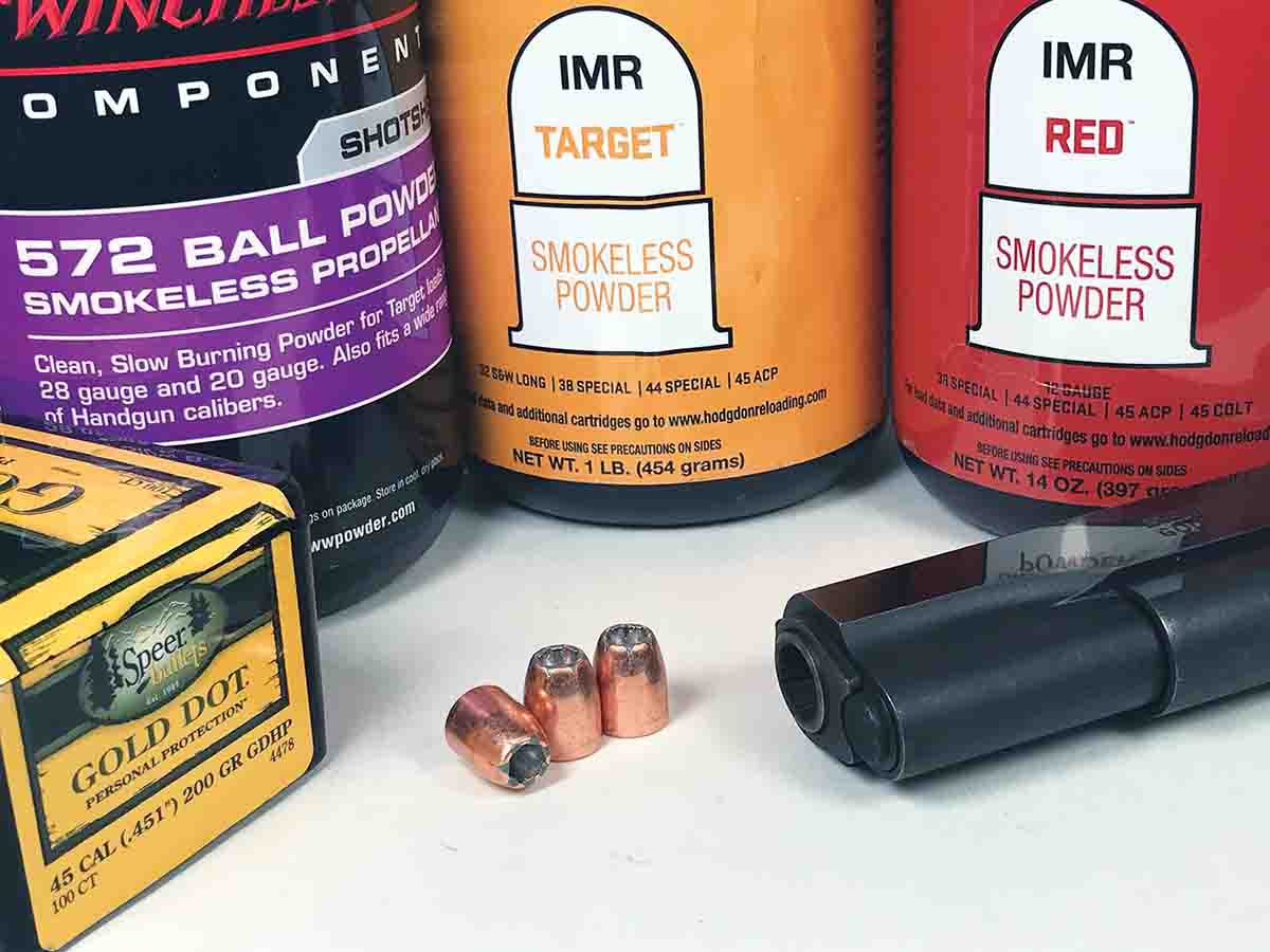 Testing various charge weights of W-572, IMR Red and Target with Speer 200-grain Gold Dot bullets fired from a Colt Gold Cup .45 Auto resulted in two accurate loads at 25 yards.